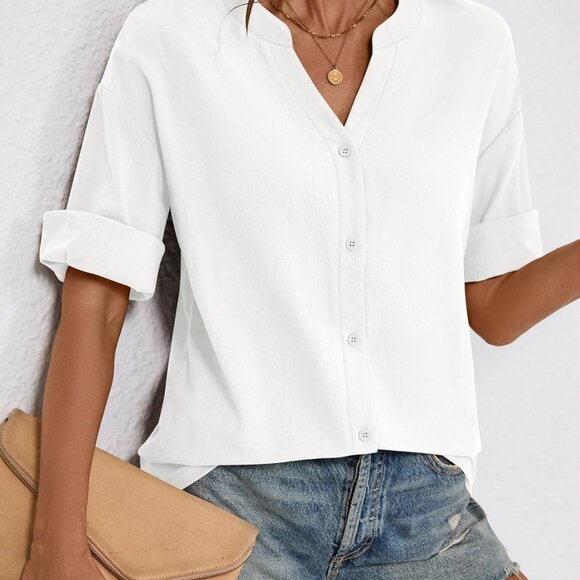 Womens 3/4 Sleeve Button Down Shirts Cotton Linen Roll Up Short Sleeve Tops V Ne - Picture 3 of 6